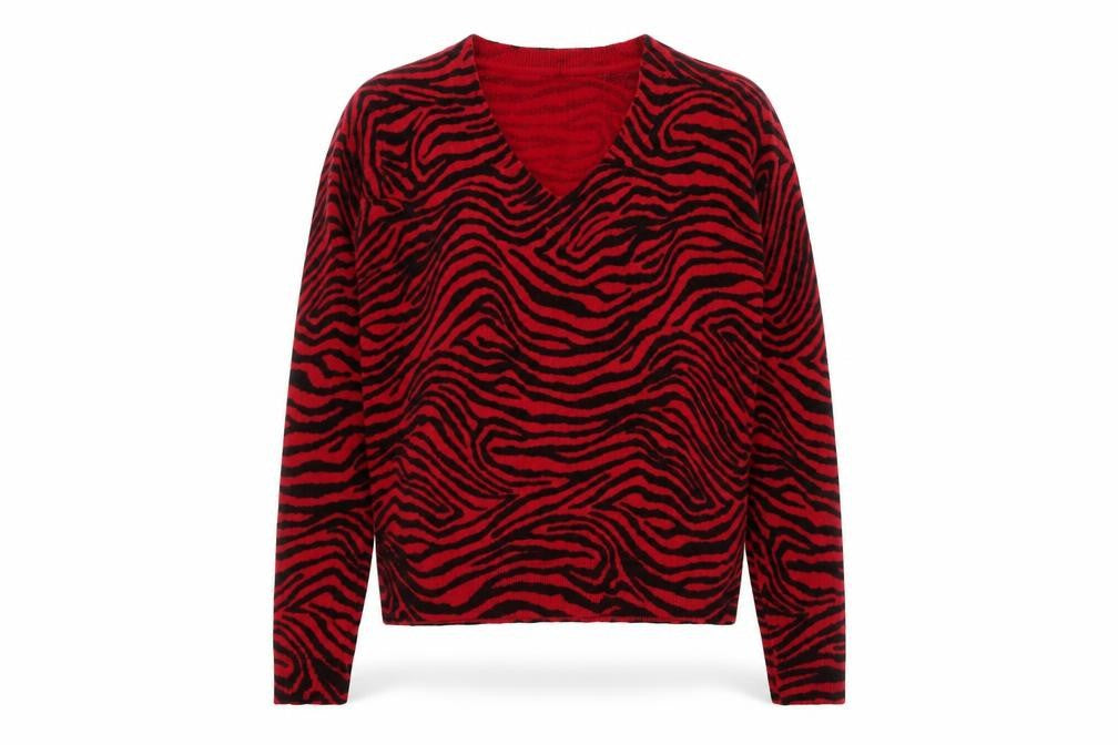 Marks & Spencer Women's Red Animal Print V-Neck Acrylic Jumper Size S
