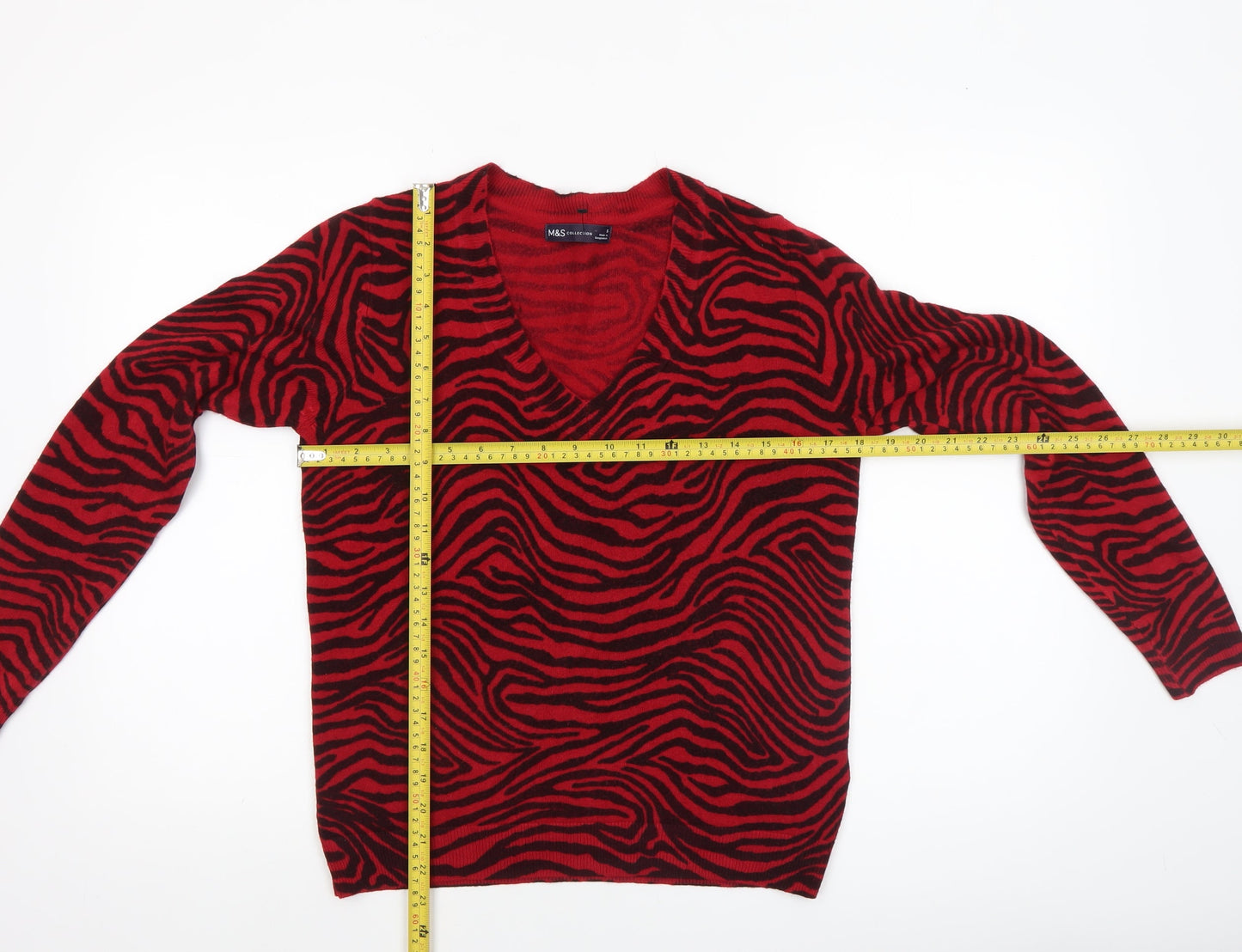 Marks and Spencer Women's Red Animal Print V-Neck Acrylic Jumper Size S