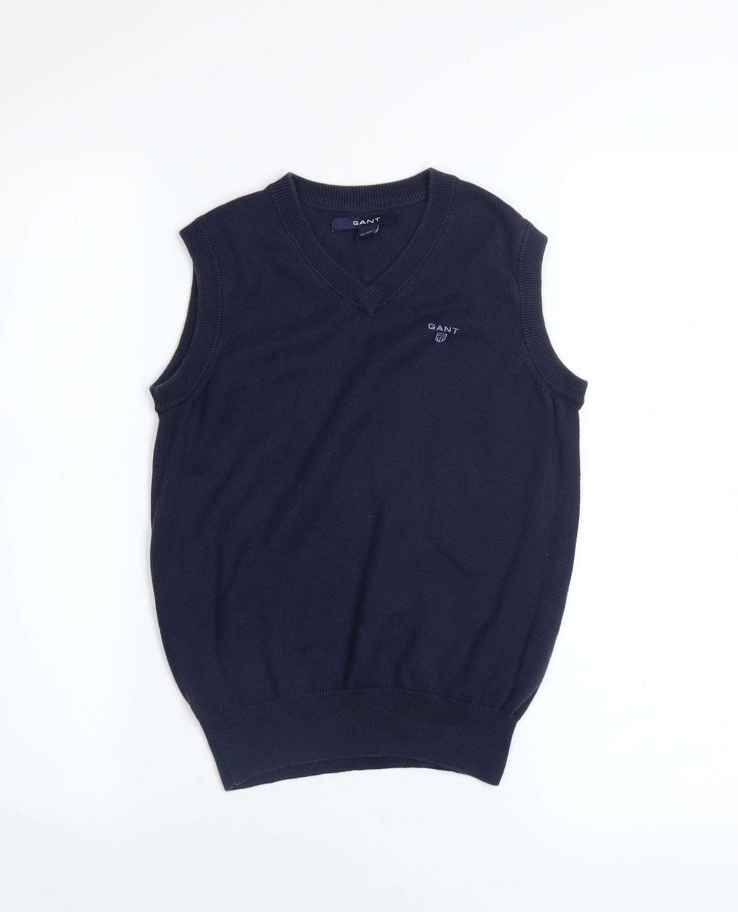 GANT Boys Navy Blue V-Neck Sleeveless Cotton Vest 7-8 Years Classic Knit