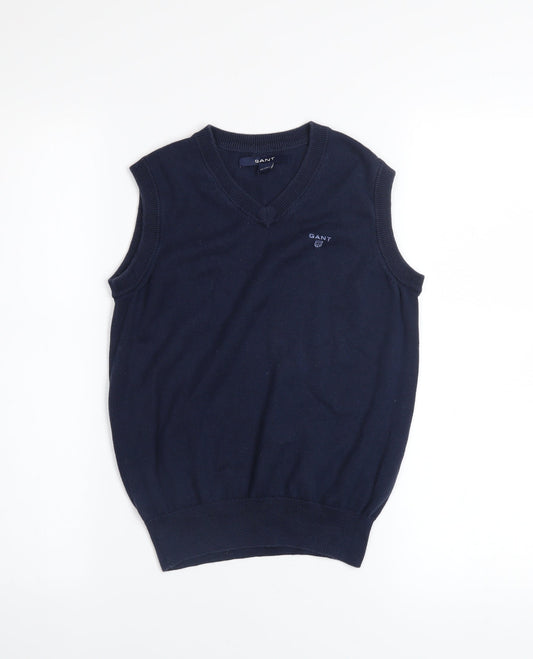 GANT Boys Navy Blue V-Neck Sleeveless Cotton Vest 7-8 Years Classic Knit