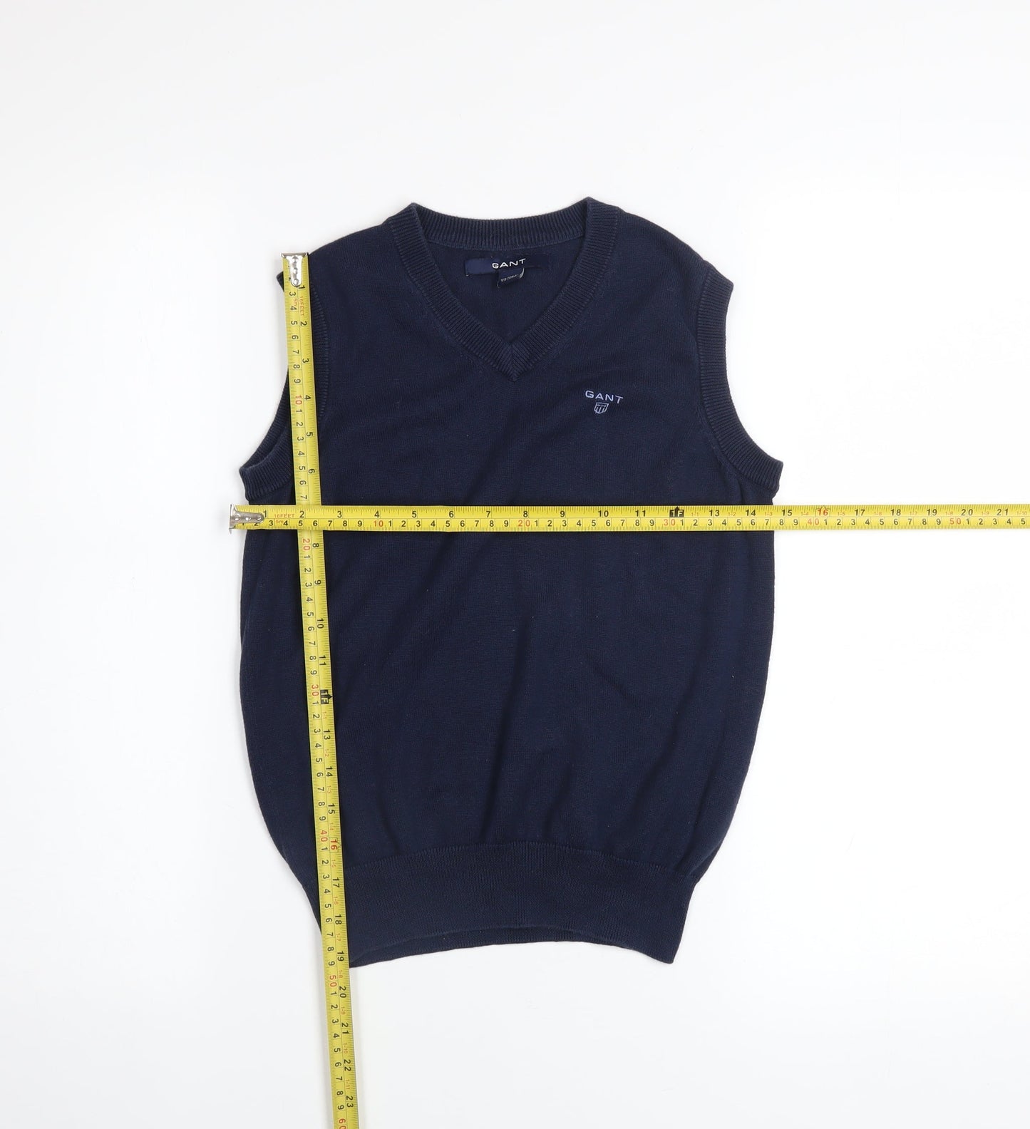 GANT Boys Navy Blue V-Neck Sleeveless Cotton Vest 7-8 Years Classic Knit