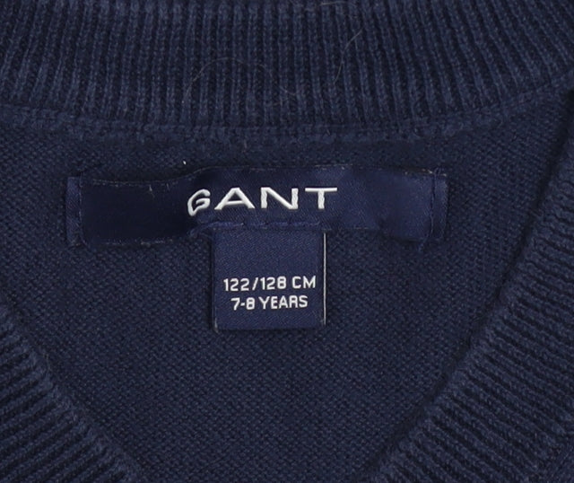 GANT Boys Navy Blue V-Neck Sleeveless Cotton Vest 7-8 Years Classic Knit
