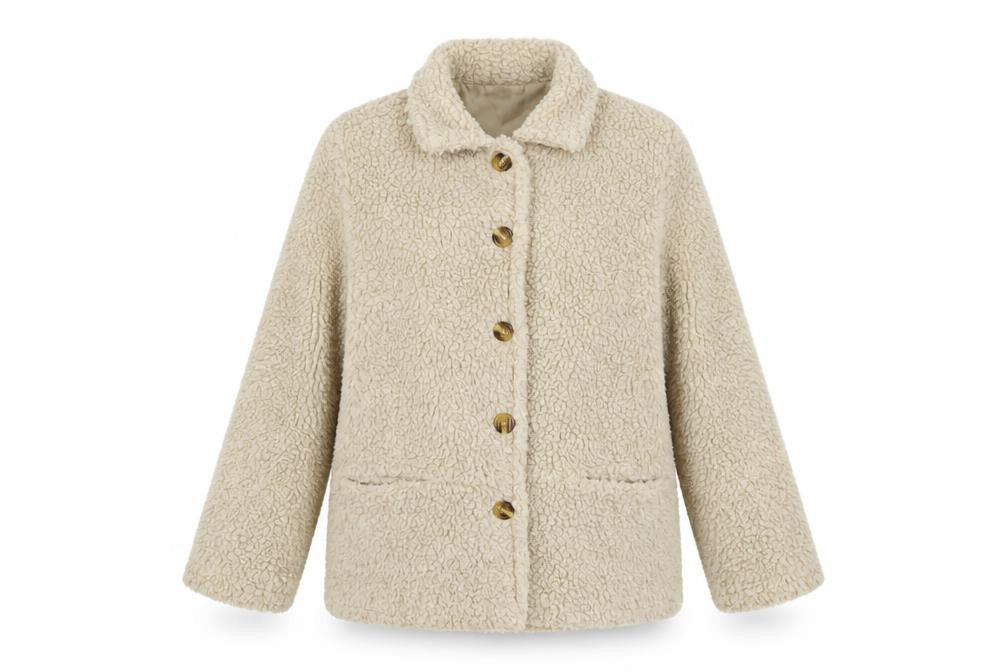 Damart Women Beige Teddy Fleece Coat Size 10/12 Button Up Lined