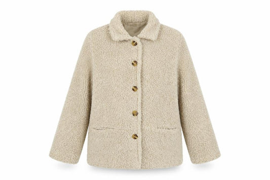Damart Women Beige Teddy Fleece Coat Size 10/12 Button Up Lined