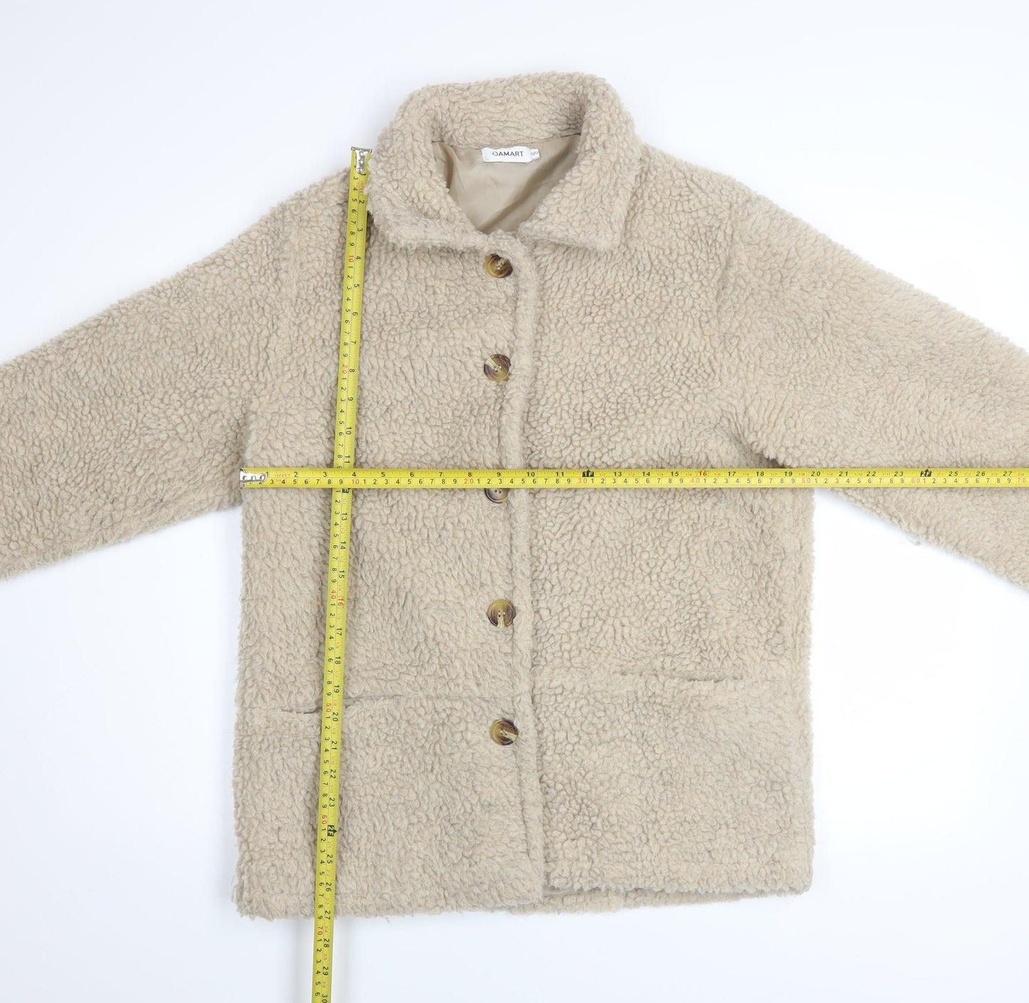 Damart Women Beige Teddy Fleece Coat Size 10/12 Button Up Lined