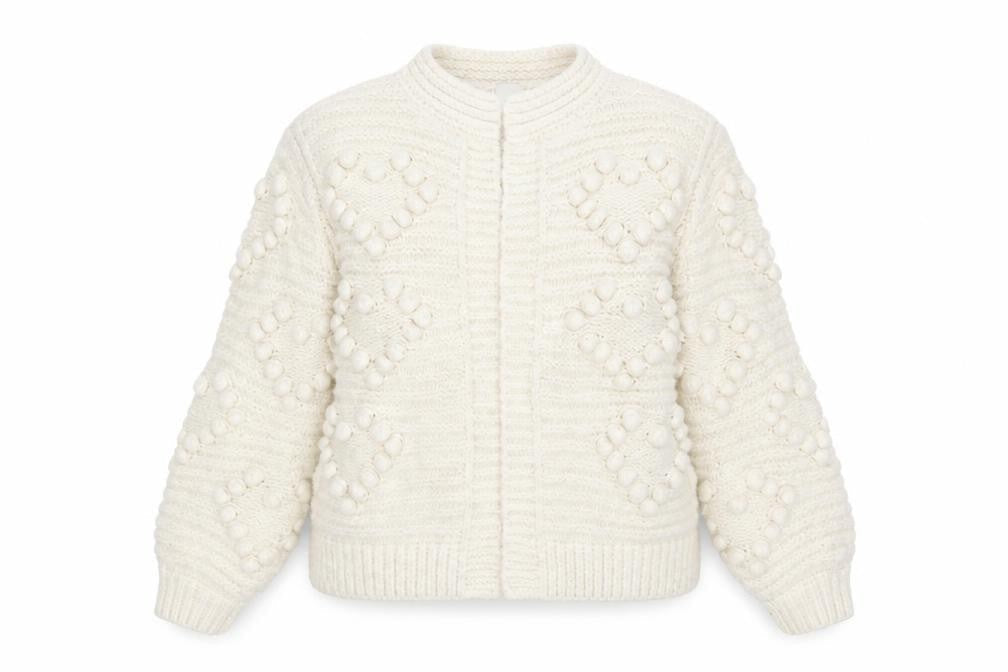 River Island Women Ivory Knit Cardigan S Balloon Sleeves Textured Bobble Jumper