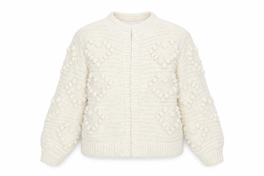 River Island Women Ivory Knit Cardigan S Balloon Sleeves Textured Bobble Jumper