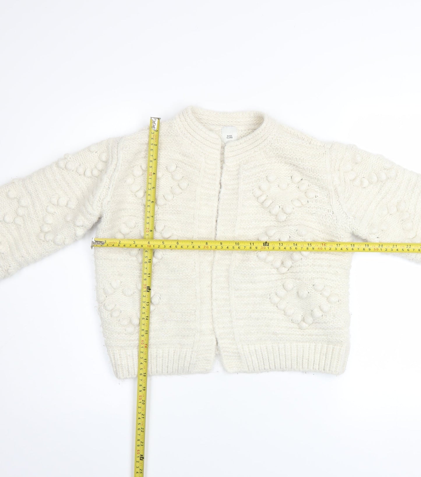 River Island Women Ivory Knit Cardigan S Balloon Sleeves Textured Bobble Jumper