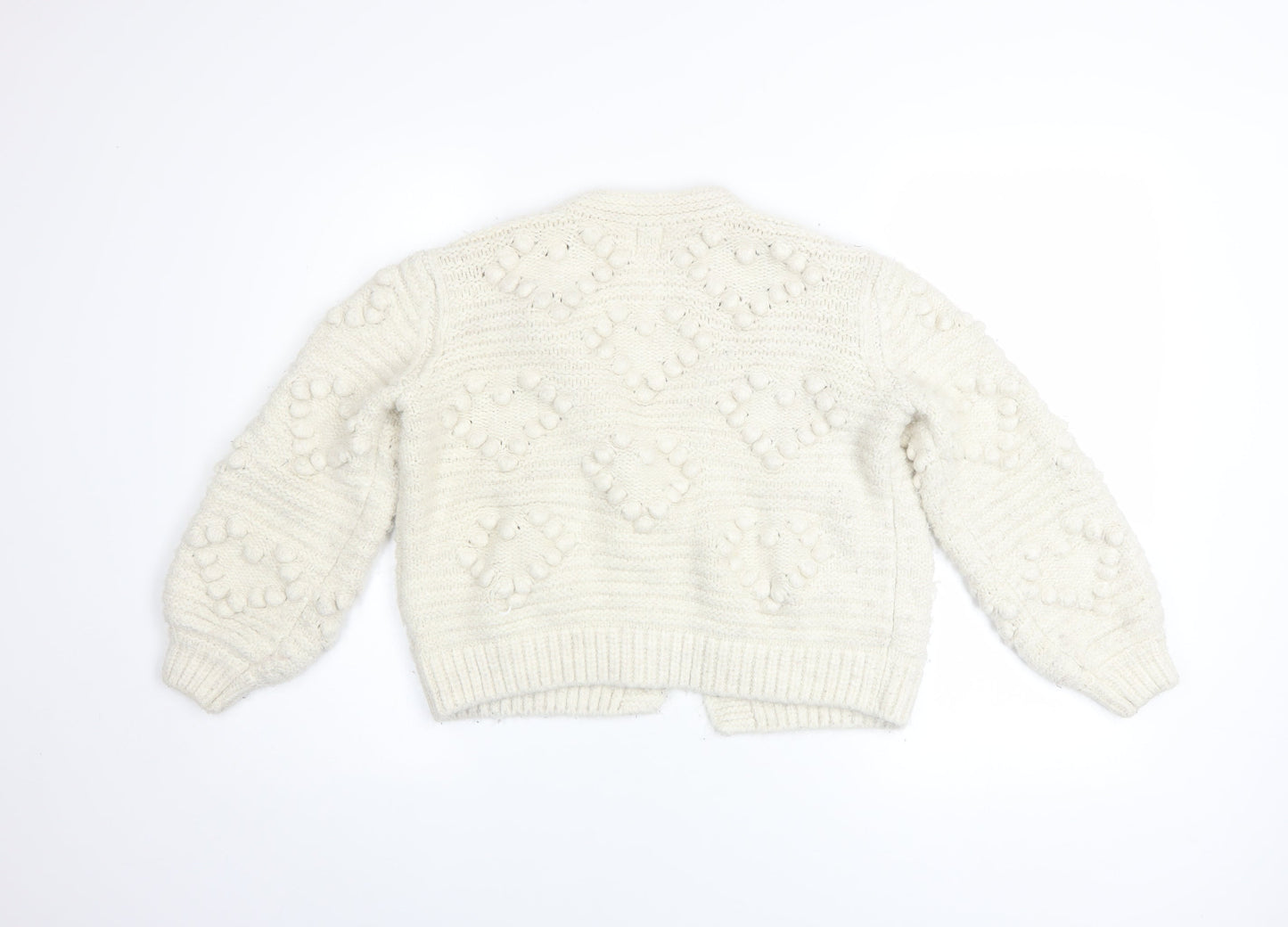 River Island Women Ivory Knit Cardigan S Balloon Sleeves Textured Bobble Jumper