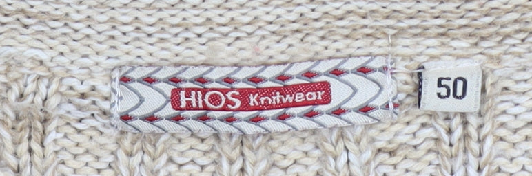 HIOS Knitwear Men Beige Wool Blend Crew Neck Pullover Jumper L