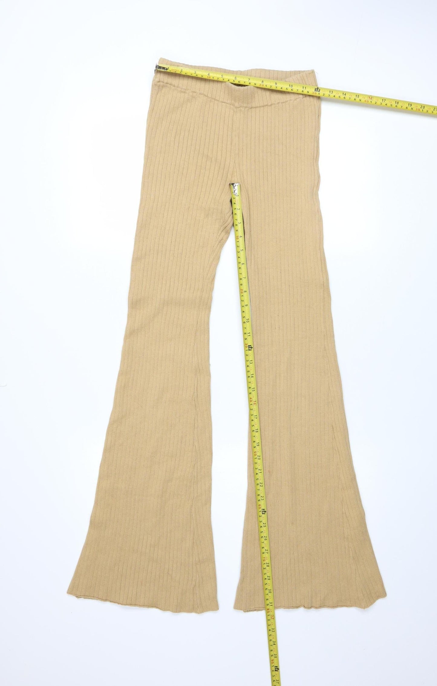 Ghanda Women’s Beige Ribbed Flared Trousers Size S Cotton Blend