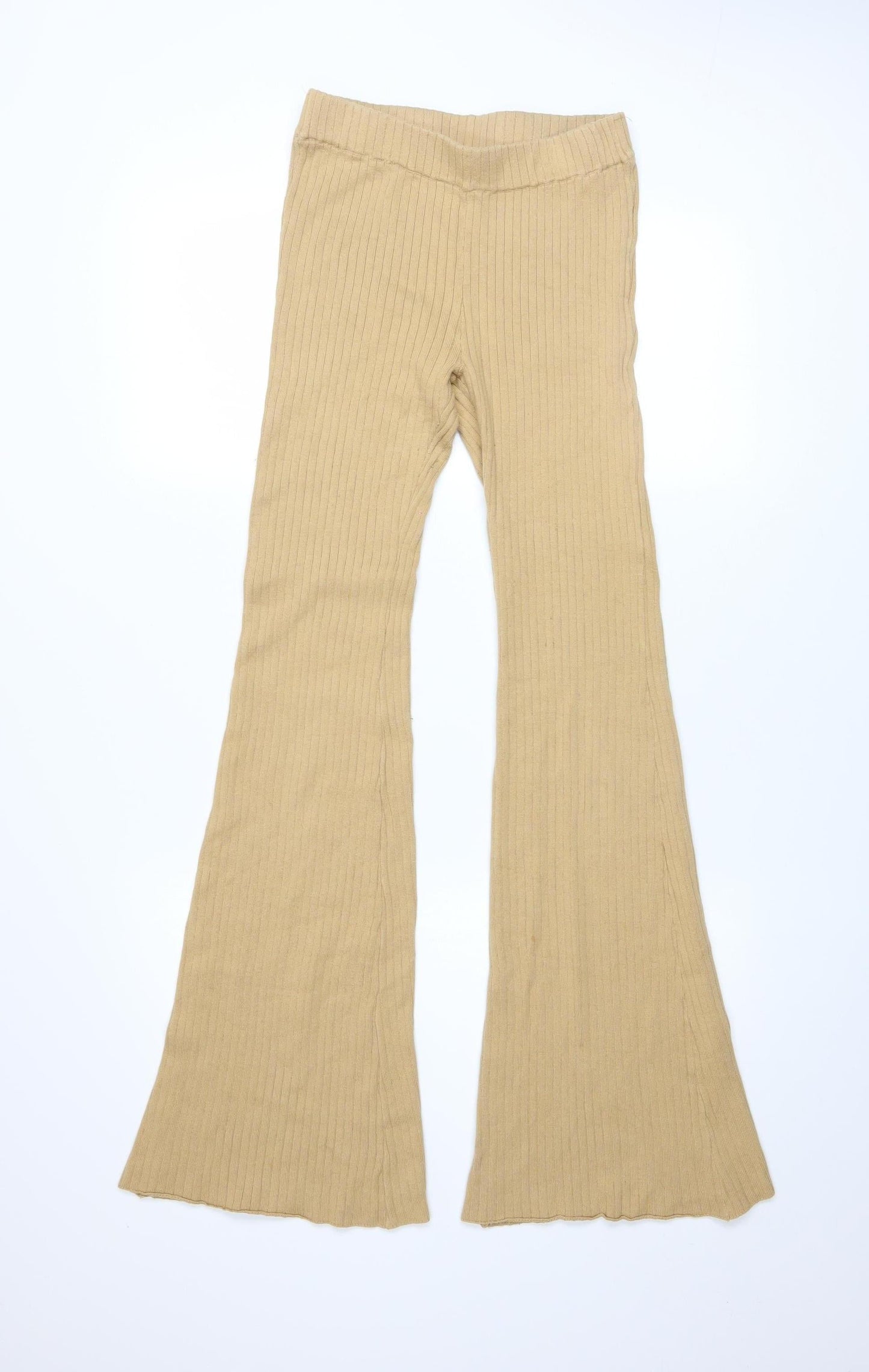 Ghanda Women’s Beige Ribbed Flared Trousers Size S Cotton Blend