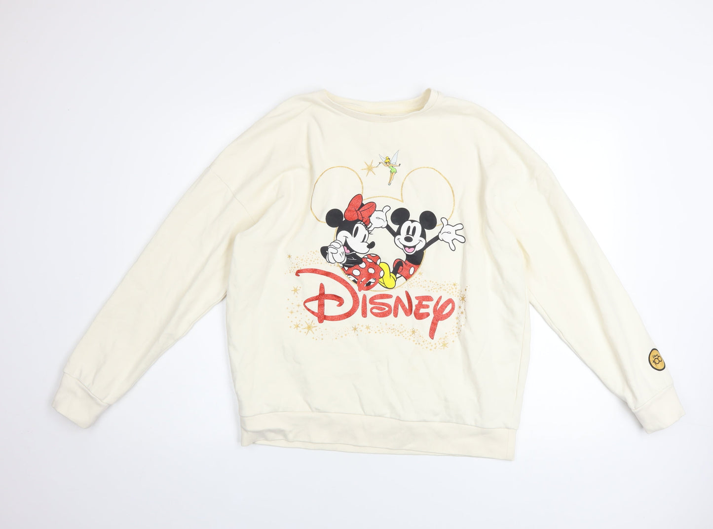 Disney 100 Women Cream Sweatshirt S Mickey Minnie Graphic Pullover