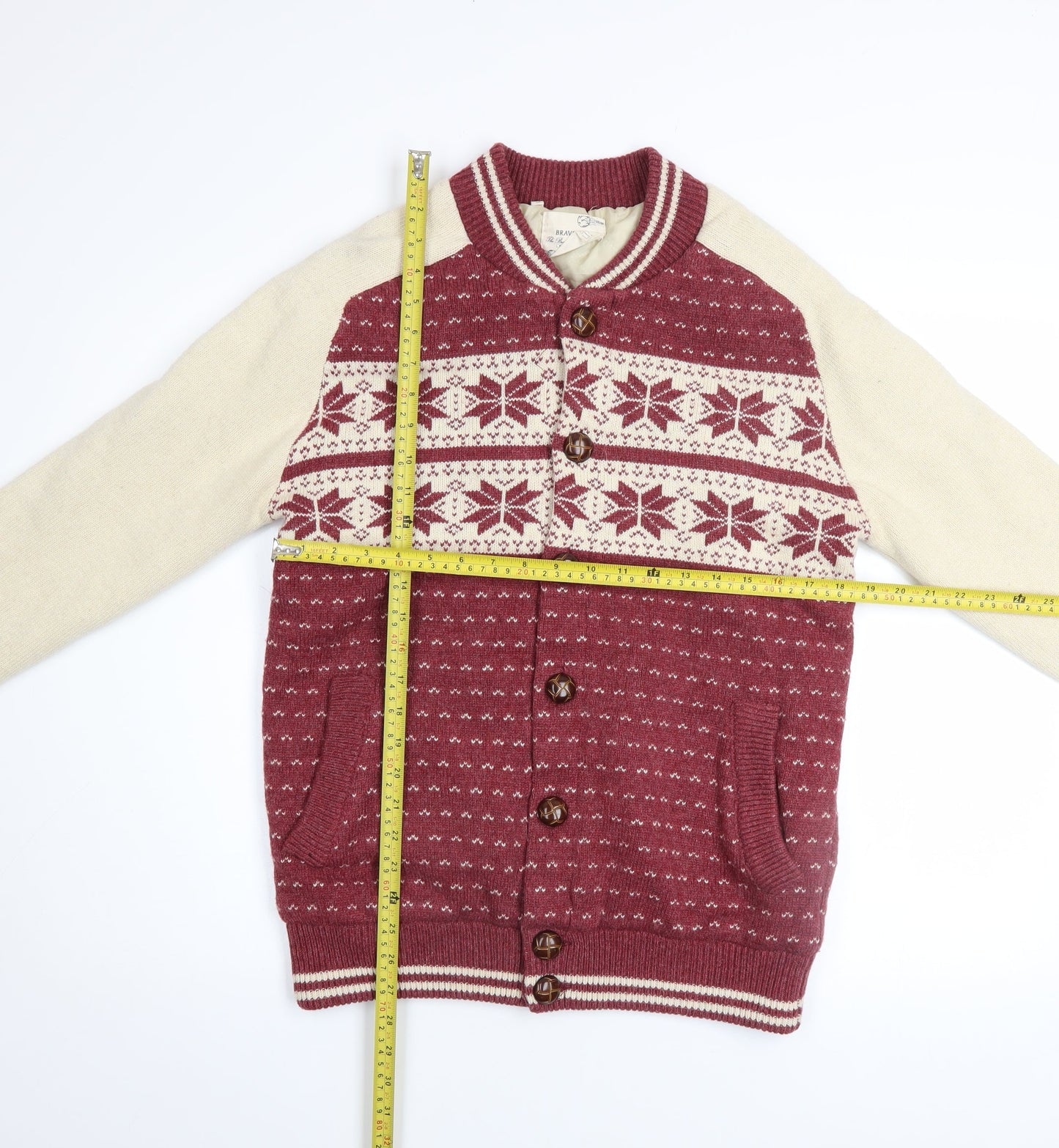Brave Soul Men's Red Cream Fair Isle Varsity Jacket Size S