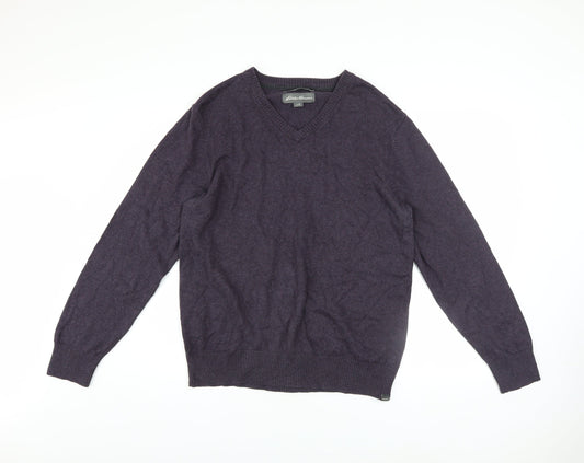 Eddie Bauer Men's Purple Cotton Cashmere V-Neck Jumper Medium