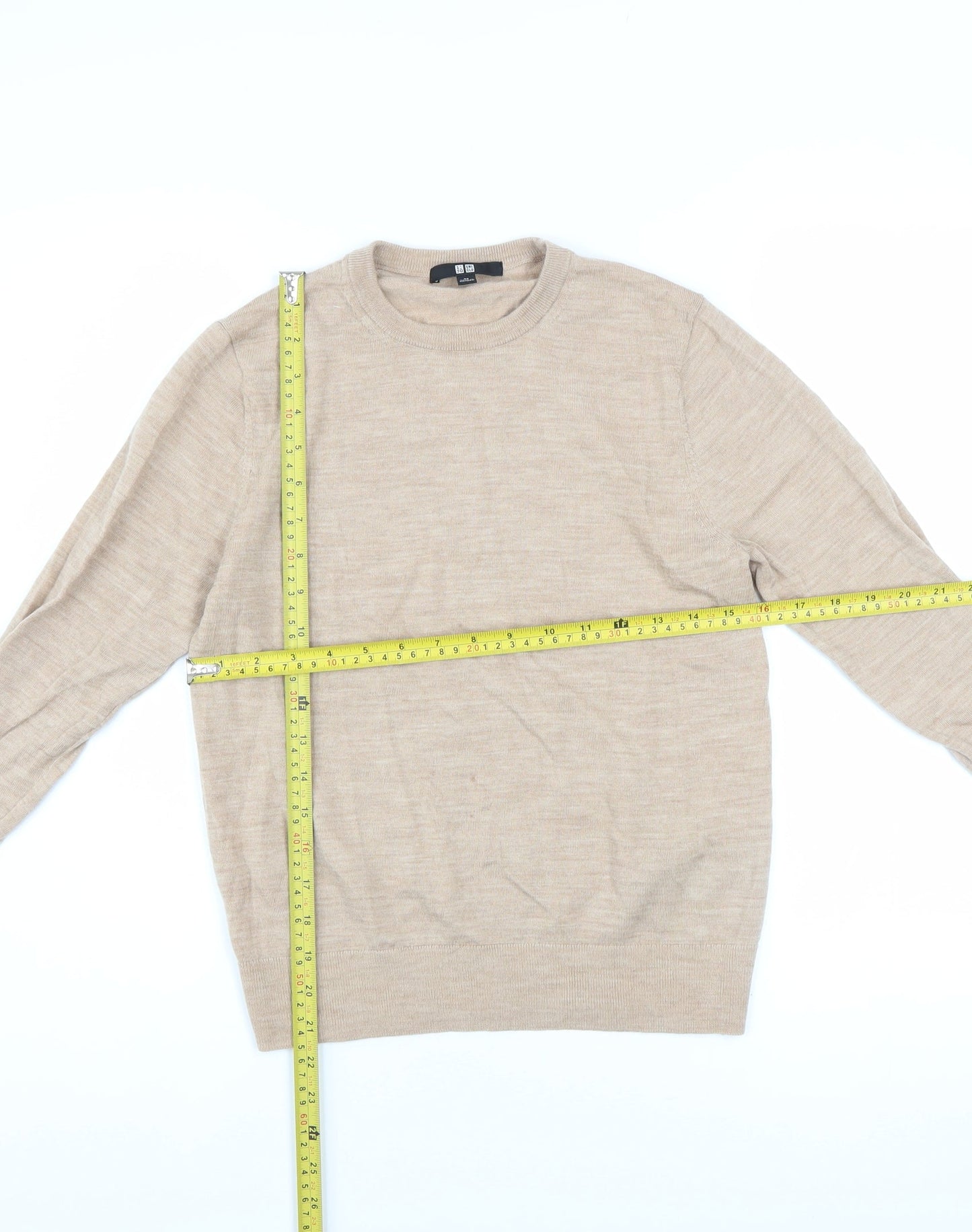 Uniqlo Women Beige 100% Wool Crew Neck Jumper XS