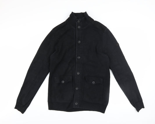 Ben Sherman Men's Black Cotton Button Cardigan M High Neck Knit Jumper
