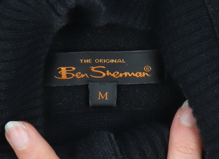 Ben Sherman Men's Black Cotton Button Cardigan M High Neck Knit Jumper