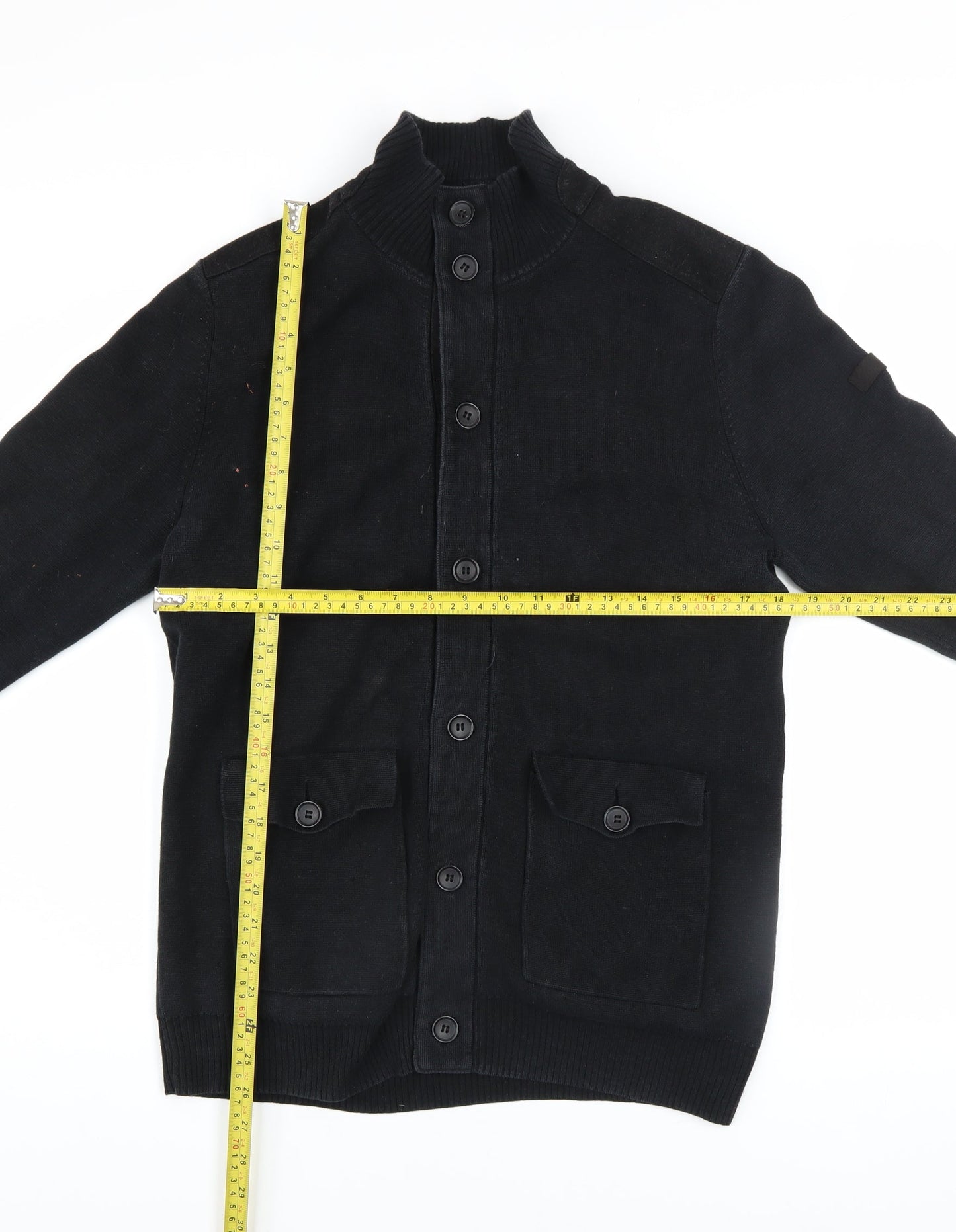 Ben Sherman Men's Black Cotton Button Cardigan M High Neck Knit Jumper