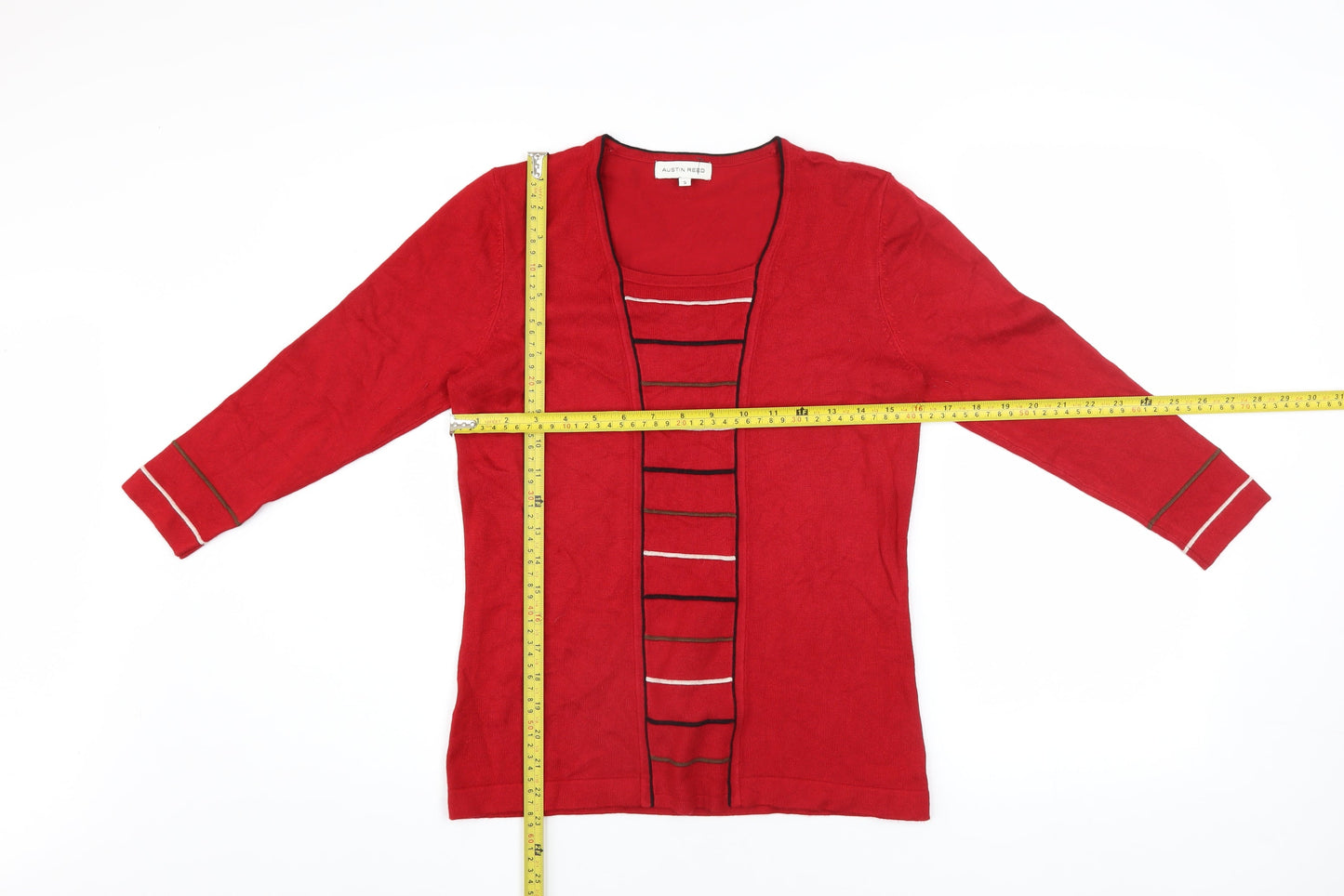 Austin Reed Women's Red Striped 3/4 Sleeve Cardigan Size S