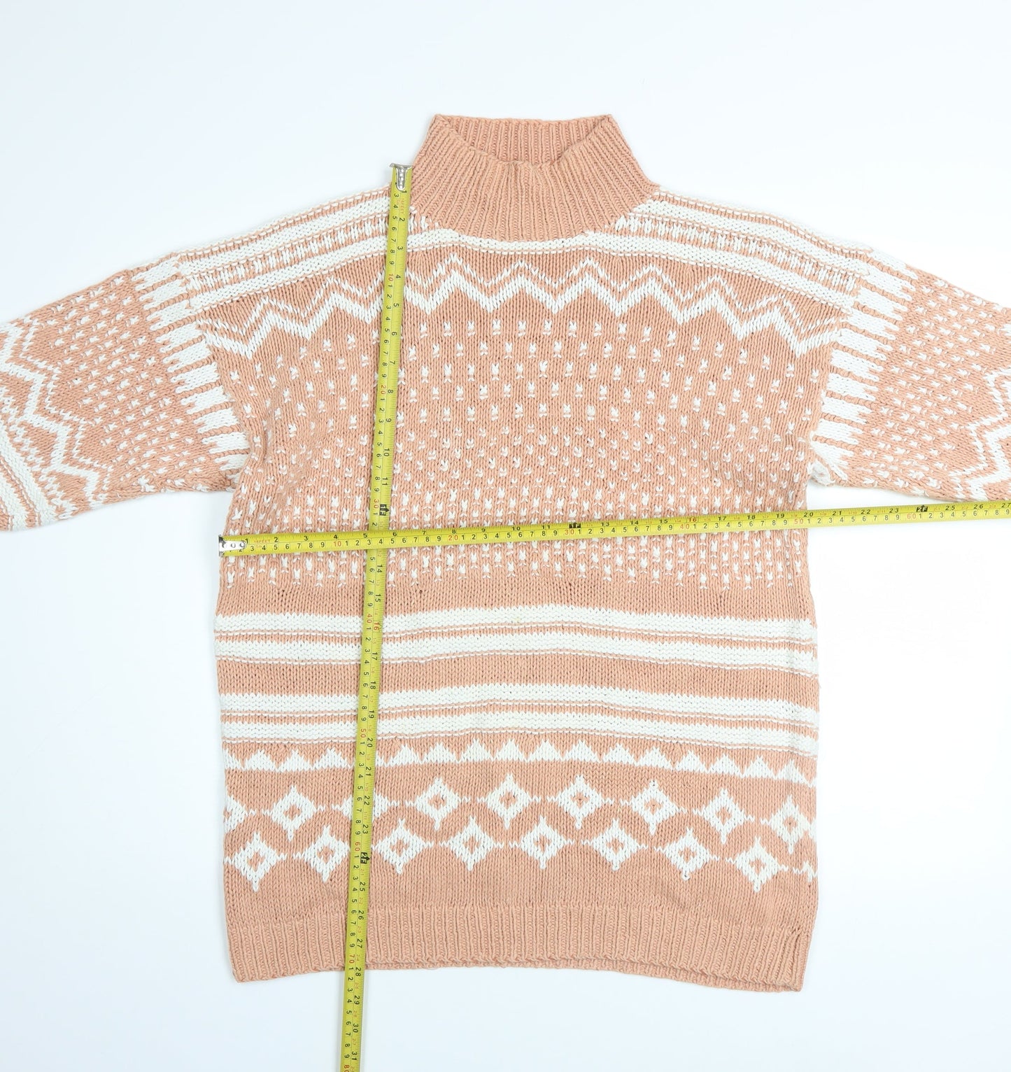 Dash Women Beige Fair Isle Roll Neck Chunky Knit Jumper Size M