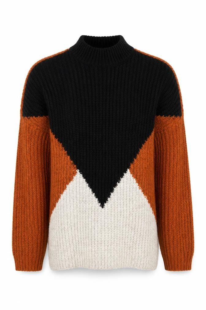 Y.A.S Unisex Black Brown Ivory Chunky Knit High Neck Jumper XL