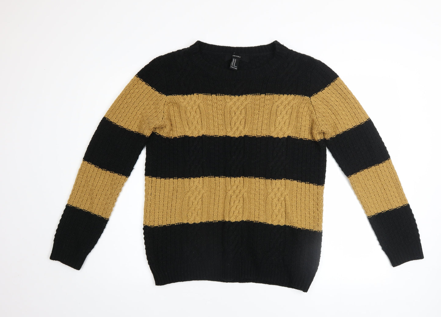 Forever 21 Women’s Black Beige Striped Cable Knit Jumper Medium