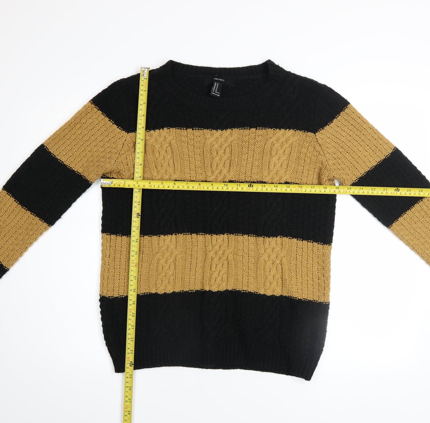 Forever 21 Women’s Black Beige Striped Cable Knit Jumper Medium