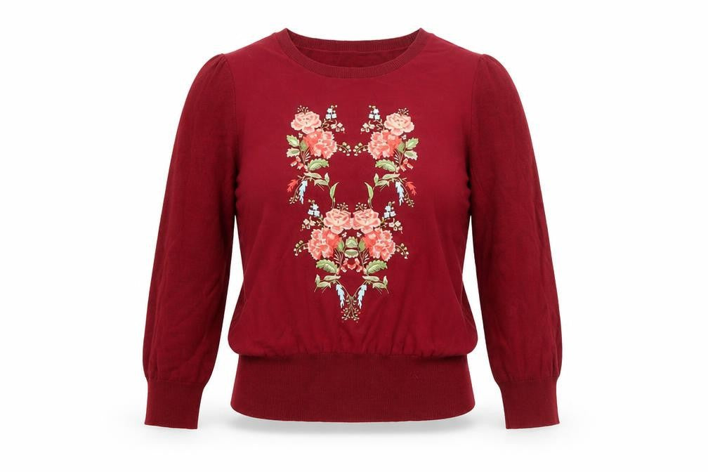 Oasis Women’s Red Floral Embroidered 3/4 Sleeve Pullover Jumper Size 12
