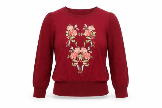 Oasis Women’s Red Floral Embroidered 3/4 Sleeve Pullover Jumper Size 12