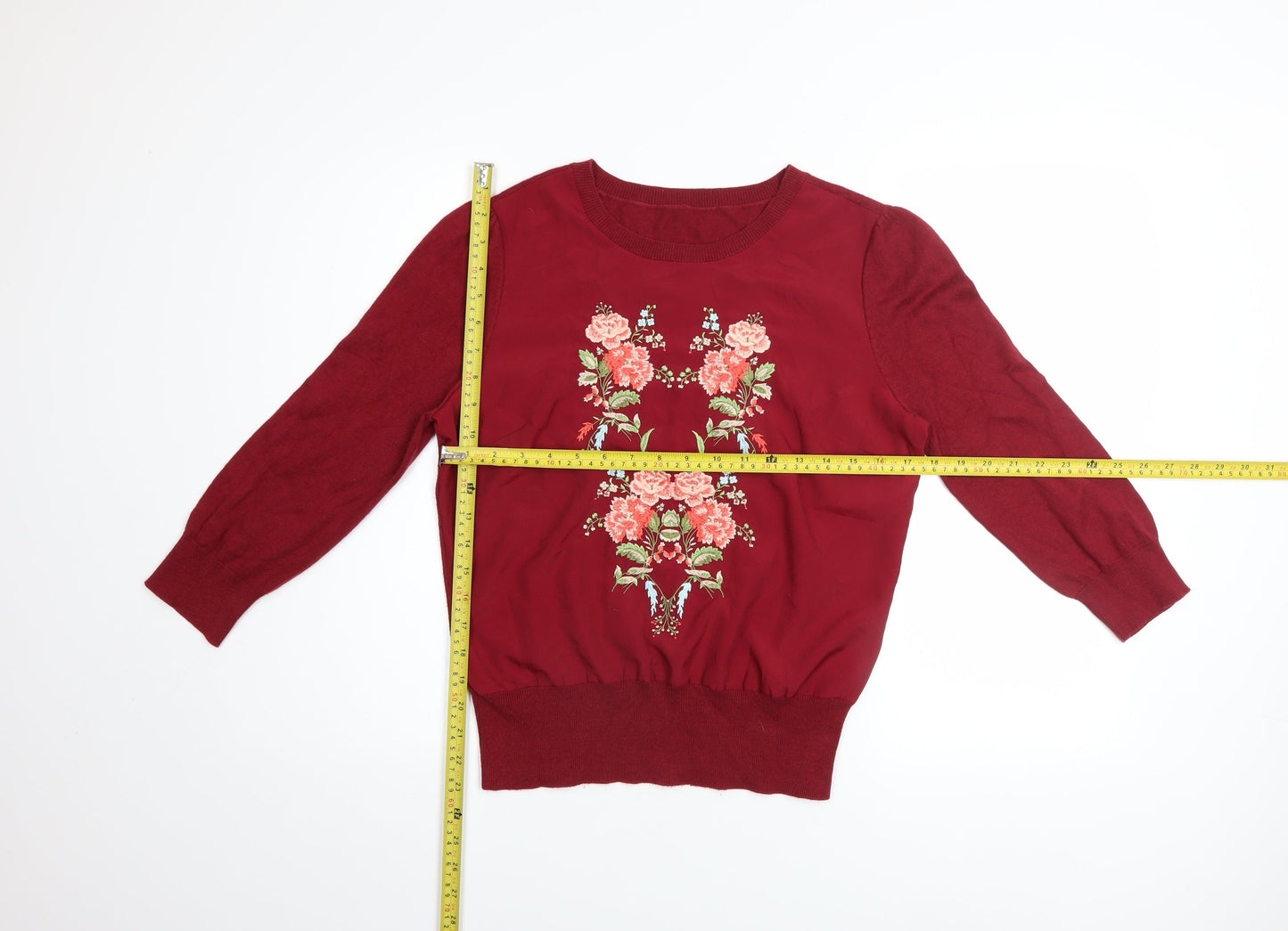 Oasis Women’s Red Floral Embroidered 3/4 Sleeve Pullover Jumper Size 12