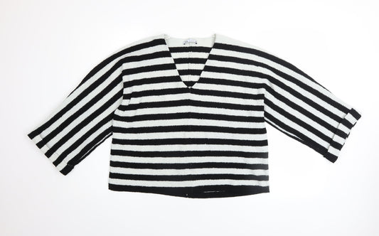 Zara Women Black White Striped V-Neck Relaxed Knit Jumper Size 8