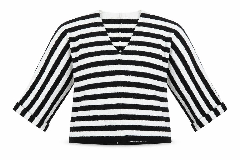 Zara Women Black White Striped V-Neck Relaxed Knit Jumper Size 8