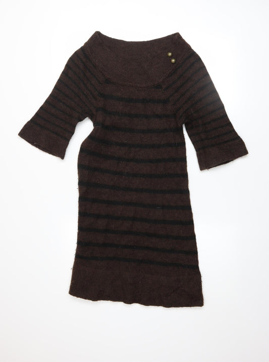 MNG Women Brown Striped Jumper Dress Size 12 3/4 Sleeve Knit