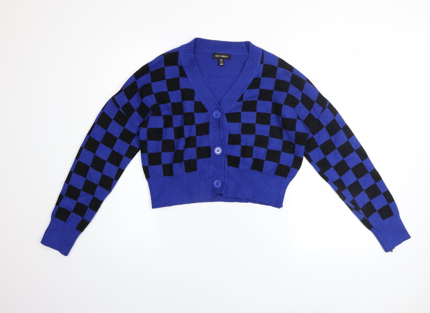 QED London Women’s Blue Check Knit Cardigan Size S V-Neck