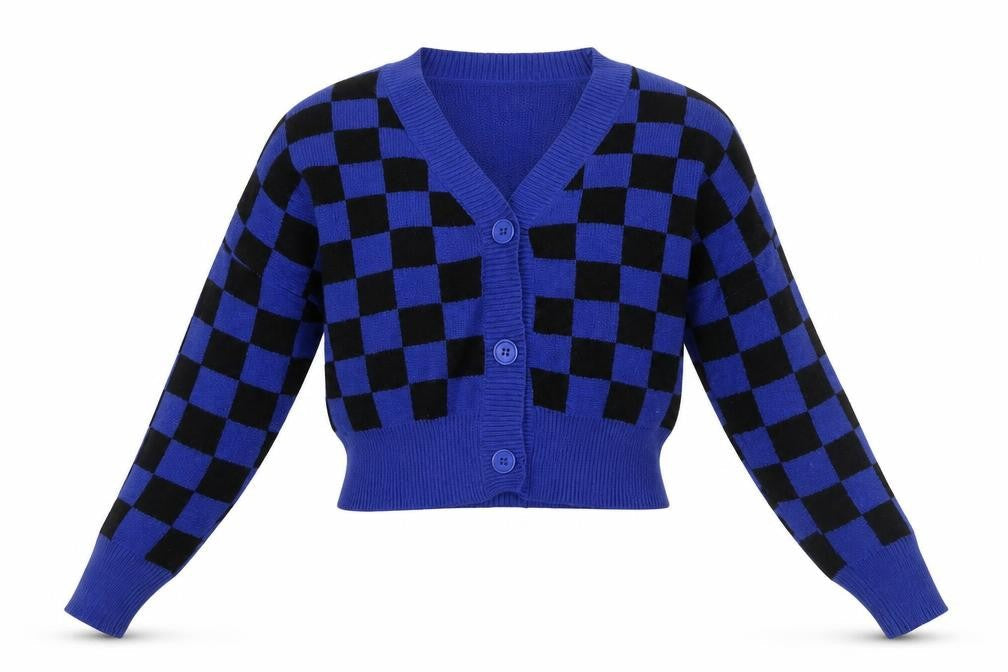 QED London Women’s Blue Check Knit Cardigan Size S V-Neck