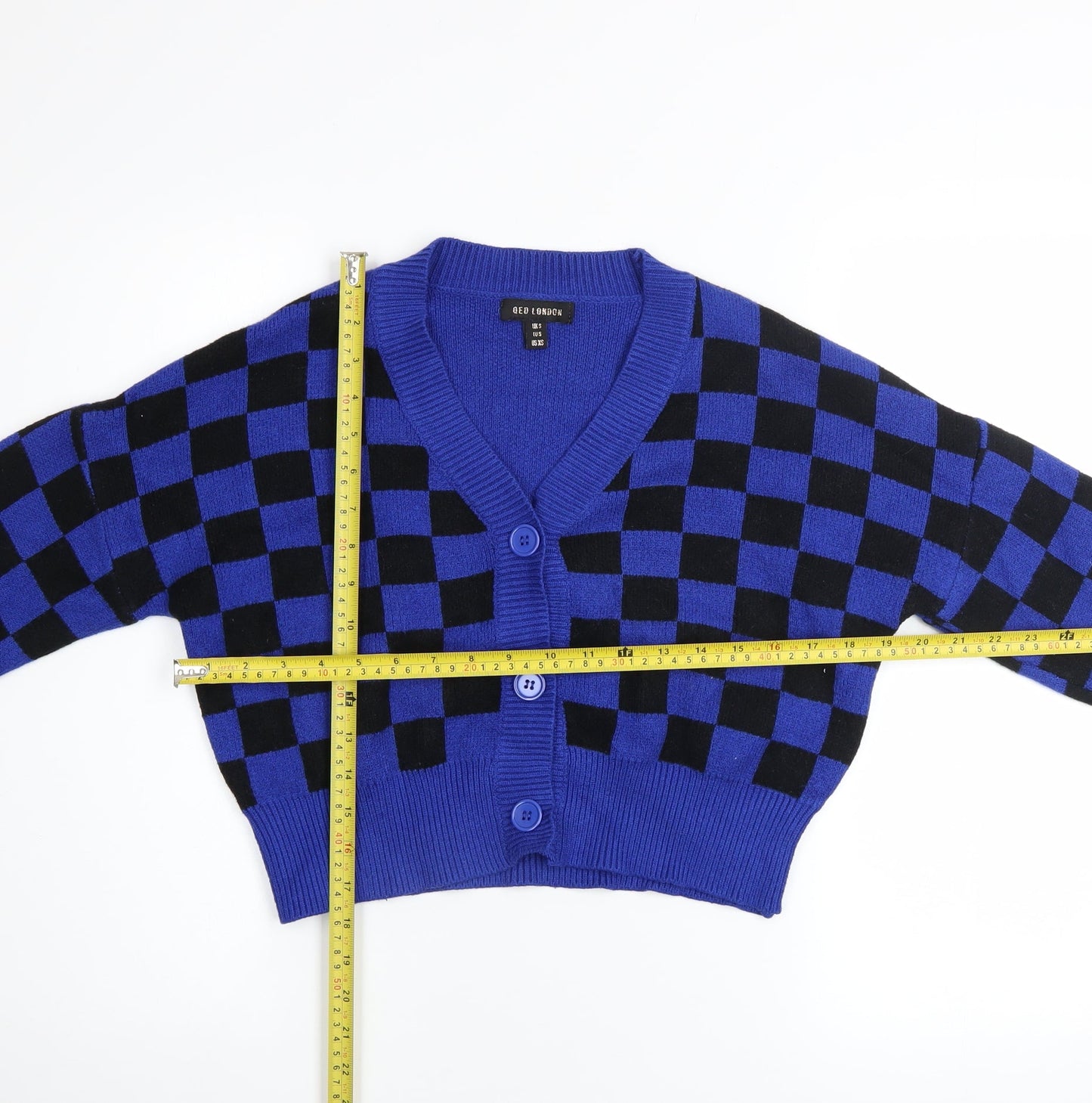 QED London Women’s Blue Check Knit Cardigan Size S V-Neck
