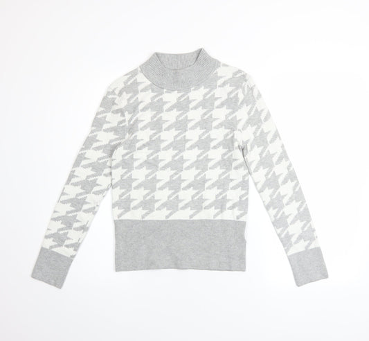 Marks & Spencer Women Grey Mock Neck Houndstooth Knit Jumper Size 10