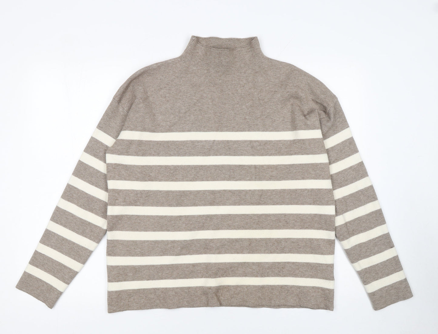 Tahari Women Beige Striped Mock Neck Pullover Jumper Size L
