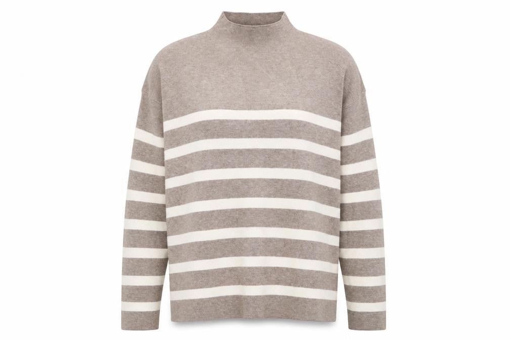Tahari Women Beige Striped Mock Neck Pullover Jumper Size L