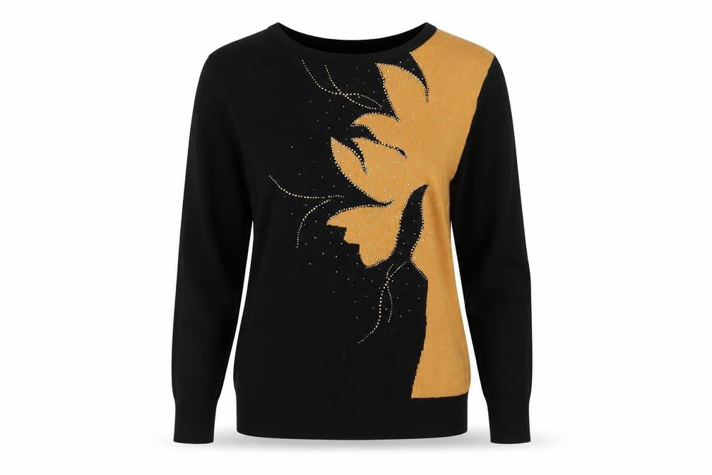 Klass Womens Black Gold Beaded Pullover Jumper Size L Crew Neck