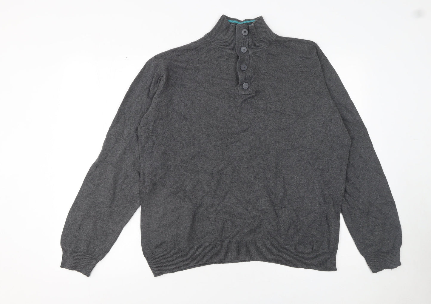 Charles Wilson Men’s Grey High Neck Button Henley Jumper XL Cotton Knit