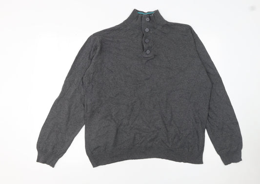 Charles Wilson Men’s Grey High Neck Button Henley Jumper XL Cotton Knit