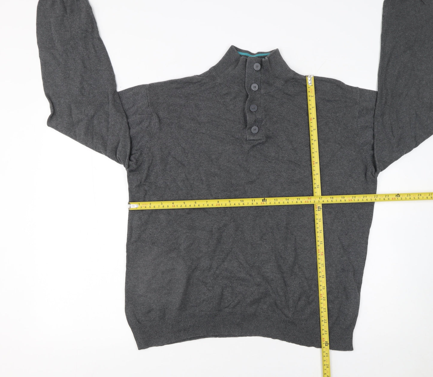 Charles Wilson Men’s Grey High Neck Button Henley Jumper XL Cotton Knit