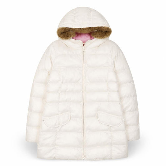 Uniqlo Girls Ivory Hooded Puffer Coat 10 Years Faux Fur Trim Winter Warm