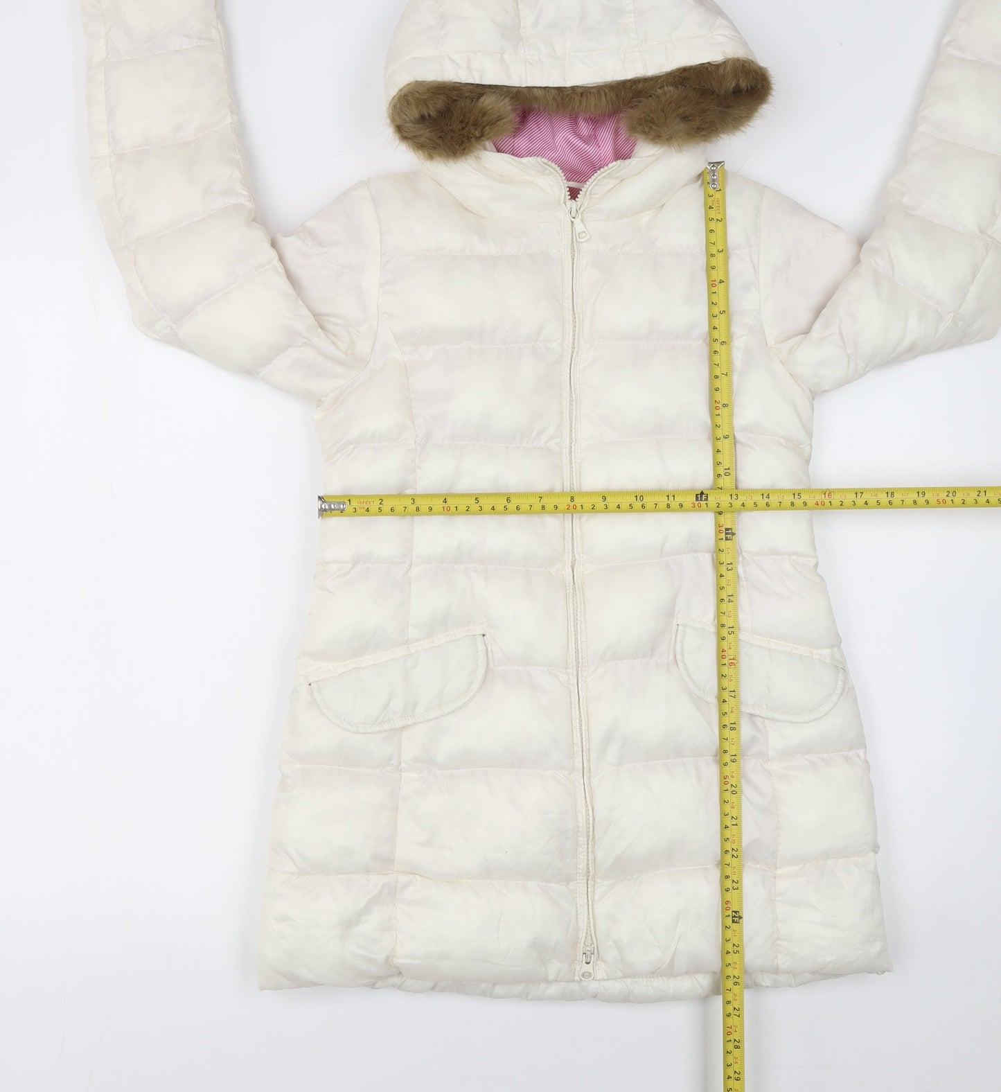 Uniqlo Girls Ivory Hooded Puffer Coat 10 Years Faux Fur Trim Winter Warm