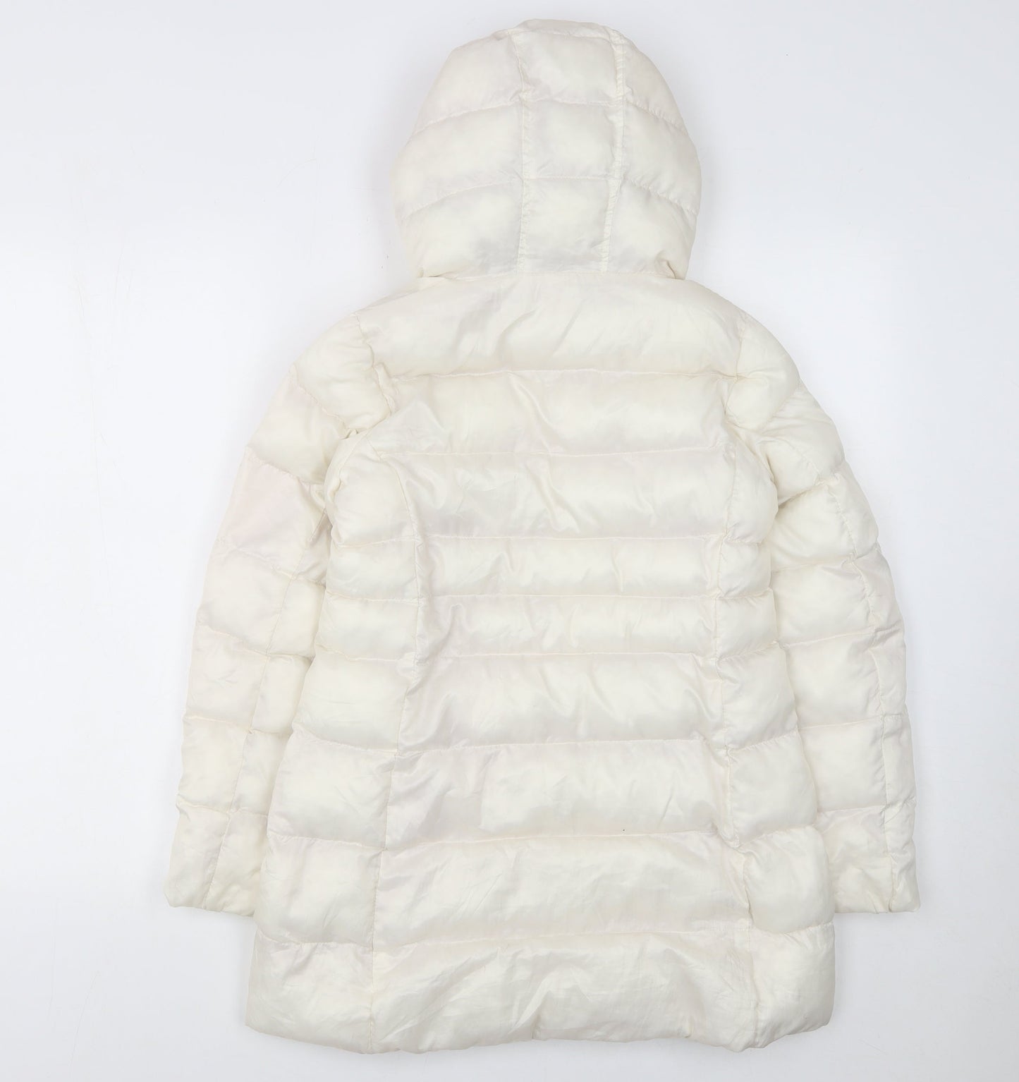 Uniqlo Girls Ivory Hooded Puffer Coat 10 Years Faux Fur Trim Winter Warm