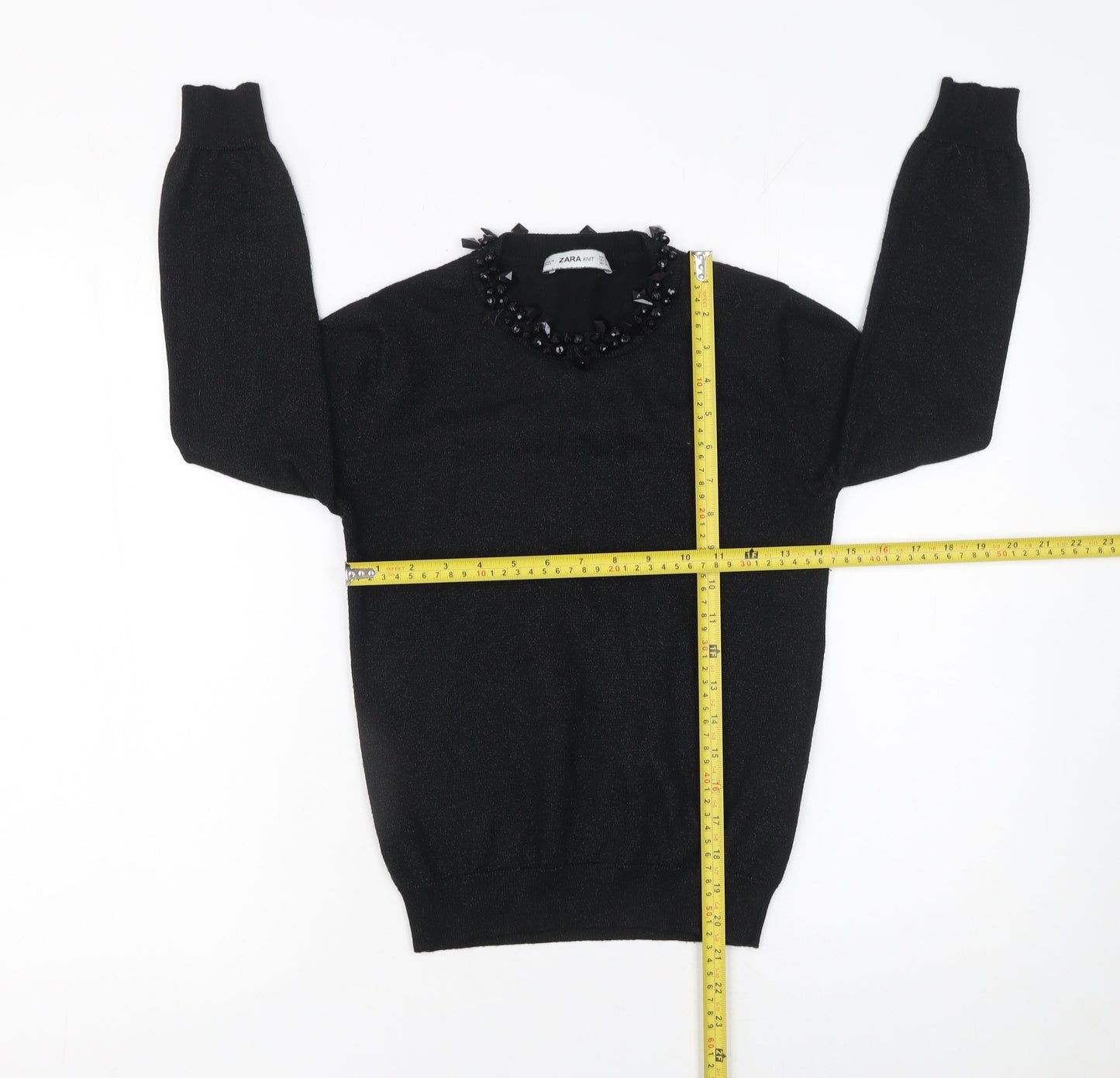 ZARA Women’s Black Beaded Crew Neck Knit Jumper Size S