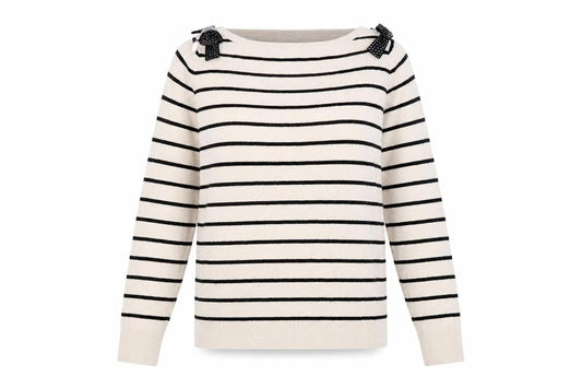Oasis Women’s Beige Striped Boat Neck Bow Jumper Size S