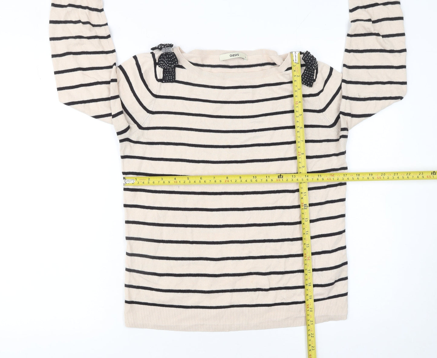 Oasis Women’s Beige Striped Boat Neck Bow Jumper Size S